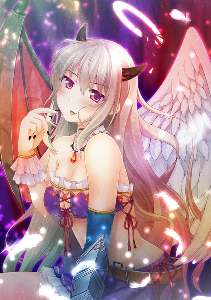 Anime picture 704x1000 with original sakura yayoi single long hair tall image looking at viewer blush red eyes bare shoulders silver hair horn (horns) girl wings tongue pendant halo feather (feathers)