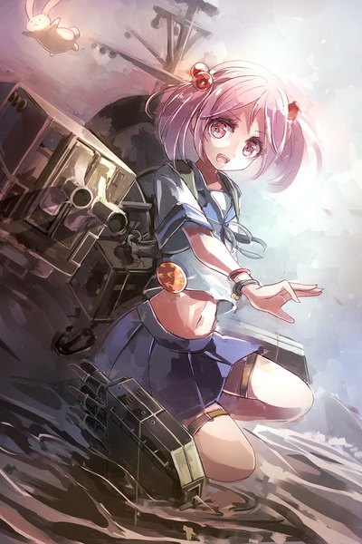 Anime picture 700x1048 with kantai collection sazanami destroyer 60mai single long hair tall image looking at viewer open mouth twintails pink hair pink eyes girl skirt hair ornament weapon miniskirt water bracelet gun hair tie