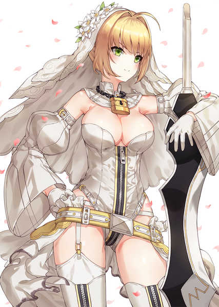 Anime picture 761x1070 with fate (series) fate/extra fate/extra ccc nero claudius (fate) (all) nero claudius (bride) (fate) kfr single tall image blush short hair breasts light erotic simple background blonde hair smile large breasts white background bare shoulders green eyes looking away