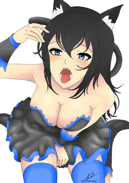 Anime picture 1024x1449 with original nonoririn sacharque single long hair tall image looking at viewer fringe breasts open mouth blue eyes light erotic black hair hair between eyes large breasts sitting bare shoulders signed animal ears cleavage