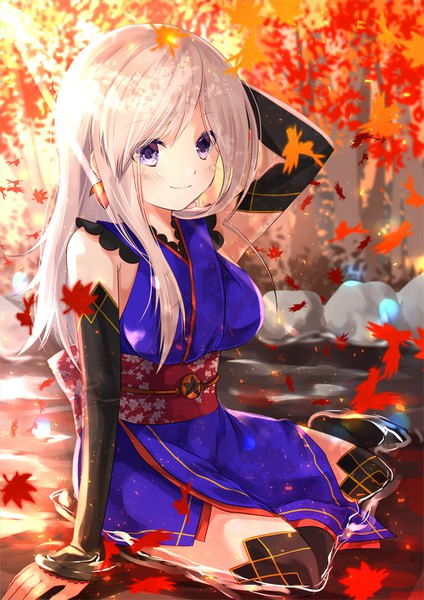 Anime picture 1000x1414 with fate (series) fate/grand order miyamoto musashi (fate) iroha (shiki) single long hair tall image smile sitting purple eyes silver hair full body arm support arm behind head alternate hairstyle yokozuwari autumn hair down girl detached sleeves