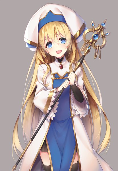 Anime picture 968x1398 with goblin slayer! priestess (goblin slayer!) tahya single long hair tall image looking at viewer blush fringe breasts open mouth blue eyes simple background blonde hair smile hair between eyes standing holding long sleeves head tilt
