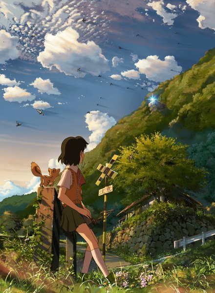 Anime picture 1410x1920 with hoshi wo ou kodomo watase asuna tall image short hair brown hair sky cloud (clouds) back mountain nature girl uniform plant (plants) school uniform animal tree (trees) bird (birds) crystal child (children) house