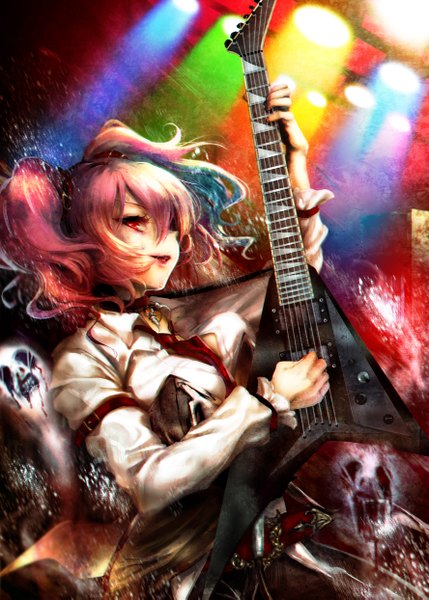 Anime picture 888x1243 with touhou onozuka komachi inuboe single tall image open mouth smile red eyes standing pink hair profile two side up girl shirt necktie white shirt blood guitar electric guitar searchlight