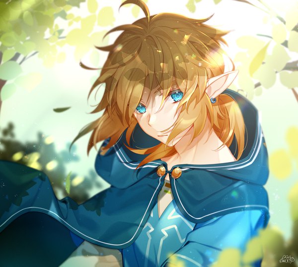 Anime picture 1000x899 with the legend of zelda the legend of zelda: breath of the wild nintendo link cocosuke single long hair blue eyes blonde hair signed wind pointy ears low ponytail boy cape