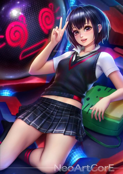 Anime picture 800x1132 with marvel comics spider-man (series) spider-man: into the spider-verse peni parker sp//dr nudtawut thongmai single tall image looking at viewer blush fringe short hair black hair smile hair between eyes brown eyes signed ahoge bent knee (knees) parted lips