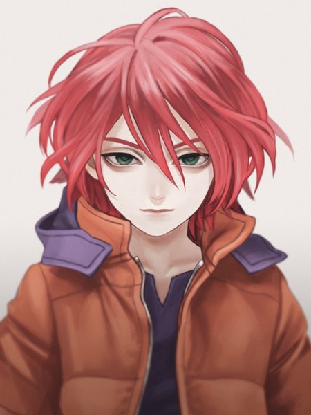 Anime picture 897x1197 with inazuma eleven kiyama hiroto fioletovyy single tall image short hair simple background green eyes red hair lips open jacket alternate costume boy jacket hoodie