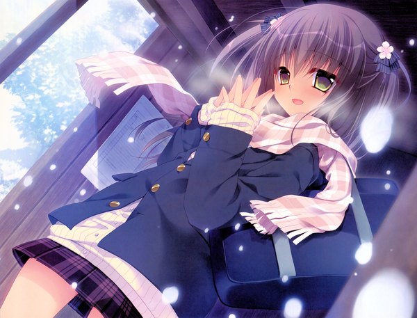 Anime picture 5100x3889 with nanaka mai single blush highres short hair open mouth black hair yellow eyes absurdres indoors scan from below plaid skirt snowing winter snow exhalation girl skirt uniform