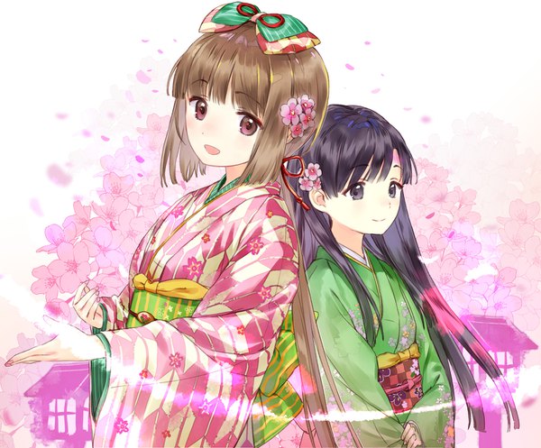 Anime picture 1500x1244 with idolmaster idolmaster cinderella girls idolmaster cinderella girls starlight stage kobayakawa sae yorita yoshino macciatto (aciel02) long hair looking at viewer fringe open mouth black hair brown hair multiple girls brown eyes payot blunt bangs traditional clothes japanese clothes black eyes cherry blossoms