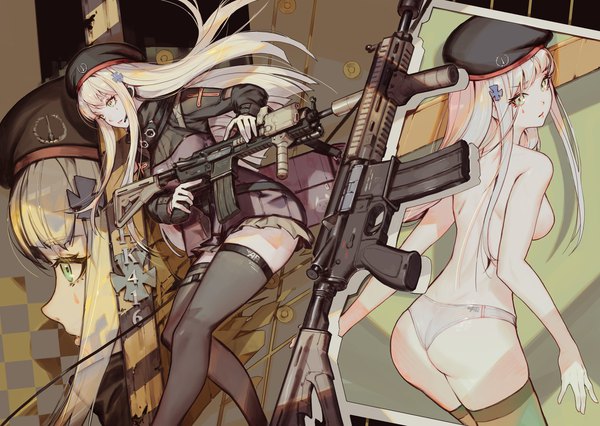 Anime picture 2048x1456 with girls frontline hk416 (girls frontline) saimon ma long hair looking at viewer fringe highres breasts light erotic large breasts standing holding green eyes payot looking away silver hair ass parted lips profile pleated skirt