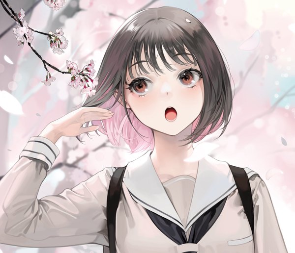 Anime picture 1767x1520 with original ohisashiburi single fringe highres short hair open mouth black hair red eyes looking away pink hair upper body long sleeves multicolored hair cherry blossoms adjusting hair colored inner hair girl uniform flower (flowers)
