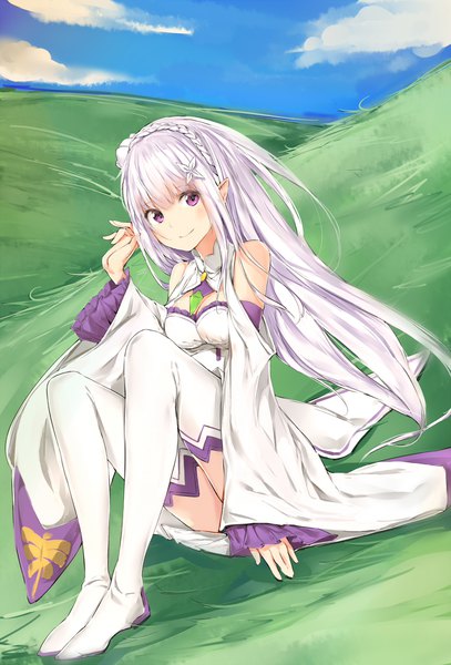 Anime picture 1500x2208 with re:zero kara hajimeru isekai seikatsu white fox emilia (re:zero) silver (chenwen) single long hair tall image looking at viewer blush purple eyes white hair hair flower pointy ears girl thighhighs dress flower (flowers) detached sleeves white thighhighs