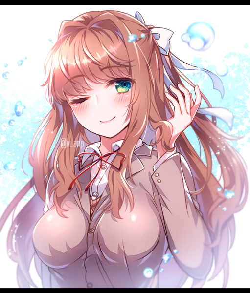 Anime picture 766x900 with doki doki literature club monika (doki doki literature club) aicedrop single long hair tall image blush fringe simple background smile brown hair green eyes signed payot looking away upper body blunt bangs long sleeves one eye closed blurry