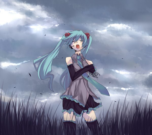 Anime picture 1140x1020 with vocaloid hatsune miku sky girl thighhighs