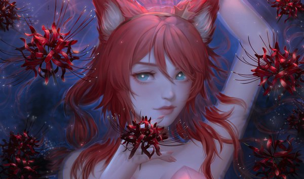 Anime-Bild 3218x1900 mit virtual youtuber vhoney reach peach off alqmia single long hair looking at viewer highres blue eyes wide image bare shoulders animal ears red hair nail polish arm up lips realistic fox ears partially submerged girl