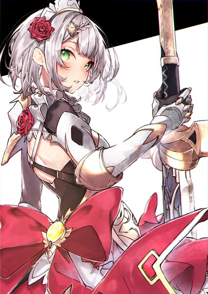 Anime picture 1412x2000 with genshin impact noelle (genshin impact) kuwashima rein single tall image looking at viewer short hair green eyes silver hair upper body turning head girl bow weapon headdress armor large bow huge weapon huge sword