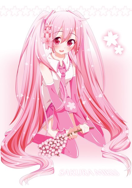 Anime picture 1414x2000 with vocaloid hatsune miku sakura miku mythless single tall image blush open mouth red eyes twintails pink hair very long hair girl thighhighs hair ornament flower (flowers) detached sleeves petals necktie branch