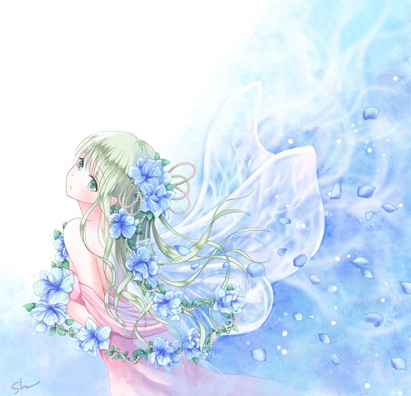 Anime picture 1706x1644 with original shino (shinderera) single long hair highres bare shoulders green eyes signed looking away hair flower green hair girl dress flower (flowers) petals wings pink dress