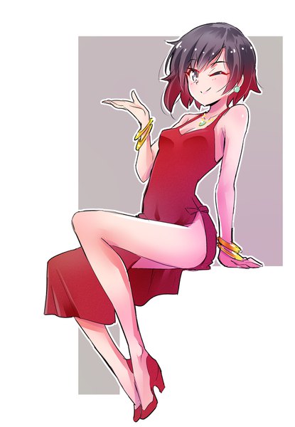 Anime picture 1280x1848 with rwby rooster teeth ruby rose iesupa single tall image short hair black hair simple background smile sitting full body red hair one eye closed multicolored hair two-tone hair high heels gradient hair side slit silver eyes