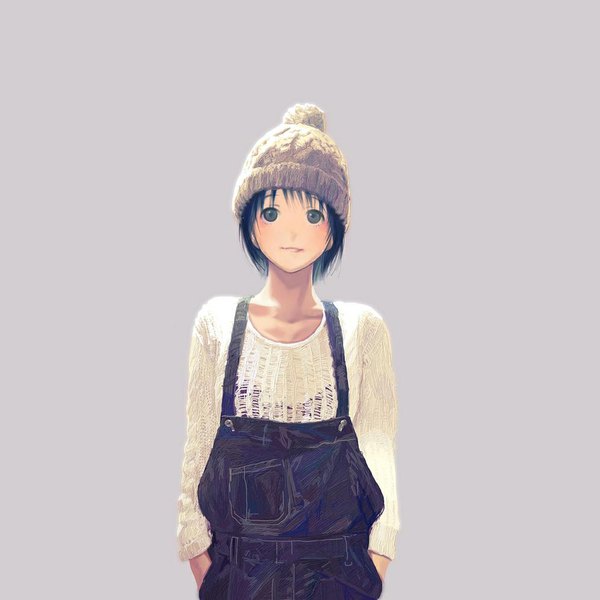 Anime picture 1000x1000 with original hyotan (artist) single blush short hair black hair simple background smile green eyes upper body light smile grey background hands in pockets casual girl sweater transparent clothing cap overalls