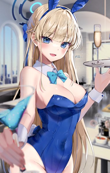 Anime-Bild 1906x3000 mit blue archive toki (blue archive) toki (bunny) (blue archive) yoitsuki nema single long hair tall image blush highres breasts open mouth blue eyes light erotic blonde hair large breasts animal ears cleavage indoors tail :d