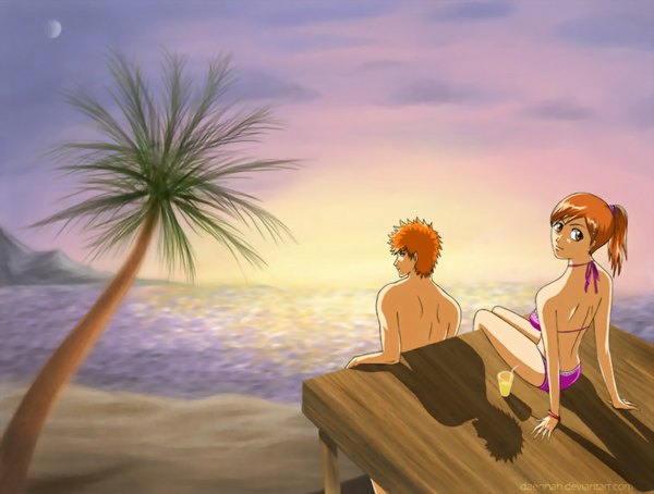 Anime picture 1057x800 with bleach studio pierrot kurosaki ichigo inoue orihime looking back beach swimsuit bikini