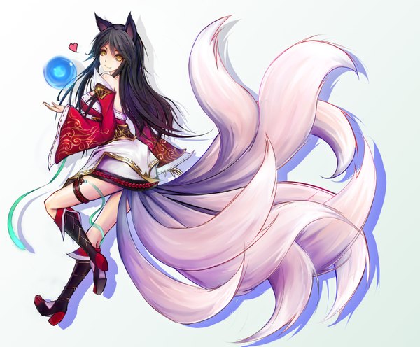 Anime picture 3096x2561 with league of legends ahri (league of legends) hiiro (pixiv id=3073799) single long hair looking at viewer fringe highres breasts black hair simple background smile animal ears yellow eyes absurdres tail traditional clothes animal tail magic fox tail