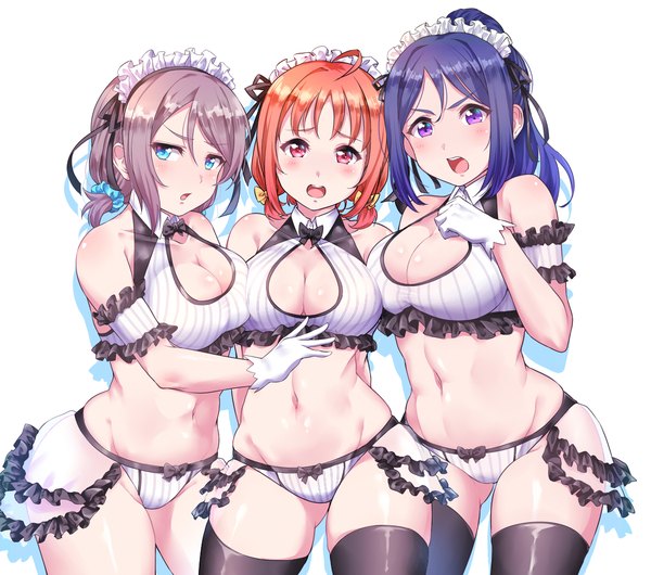 Anime picture 1131x1000 with love live! sunshine!! sunrise (studio) love live! watanabe you takami chika matsuura kanan kanabun long hair looking at viewer blush fringe short hair breasts open mouth blue eyes light erotic simple background hair between eyes red eyes large breasts