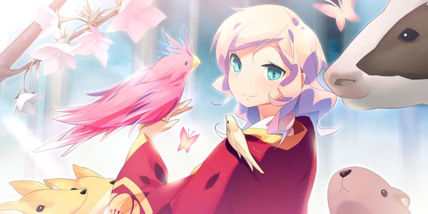 Anime picture 2400x1200 with kaminoyu (game) highres short hair blue eyes blonde hair wide image game cg girl flower (flowers) animal bird (birds) insect butterfly