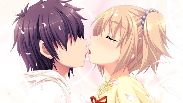 Anime picture 1280x720 with dekakute ecchi na ore no ane short hair black hair blonde hair wide image game cg eyes closed couple almost kiss girl boy petals