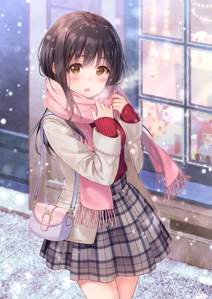 Anime picture 595x835 with original fukahire (ruinon) single long hair tall image looking at viewer blush fringe open mouth brown hair standing brown eyes payot outdoors long sleeves open clothes :o sleeves past wrists plaid skirt snowing