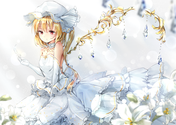 Anime picture 1413x1010 with touhou flandre scarlet shironeko yuuki single long hair blush fringe breasts blonde hair hair between eyes red eyes bare shoulders holding looking away blurry alternate costume one side up expressionless single wing alternate wings