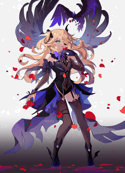 Anime picture 1417x1956 with genshin impact fischl (genshin impact) oz (genshin impact) emmikn single long hair tall image looking at viewer fringe blonde hair standing green eyes signed full body hair over one eye two side up twitter username girl thighhighs flower (flowers)