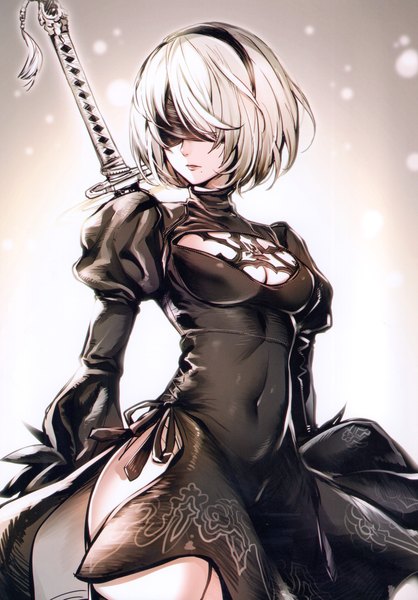 Anime picture 2517x3613 with nier nier:automata yorha no. 2 type b kat (bu-kunn) single tall image highres short hair breasts light erotic large breasts white background cleavage silver hair white hair scan mole puffy sleeves gradient background covered navel