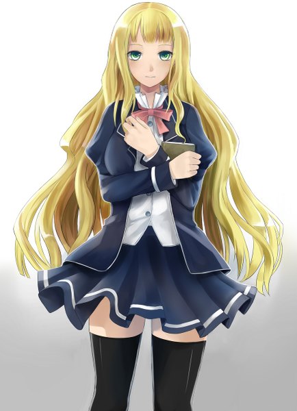 Anime picture 869x1200 with original kuhotaka single long hair tall image looking at viewer blonde hair green eyes zettai ryouiki girl thighhighs dress skirt black thighhighs book (books)