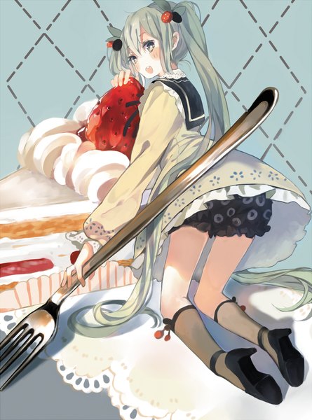 Anime picture 1100x1482 with vocaloid hatsune miku strawberry miku (tantan) bou shaku single tall image looking at viewer fringe open mouth blue eyes standing twintails blue hair very long hair looking back kneeling girl socks food sweets