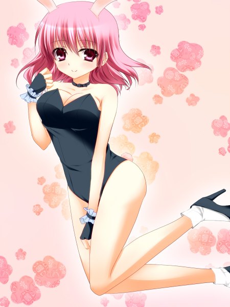 Anime picture 900x1200 with touhou saigyouji yuyuko shisui (kachoufuugetsu) single tall image looking at viewer blush short hair light erotic smile bare shoulders animal ears pink hair pink eyes bunny ears girl flower (flowers) bunnysuit