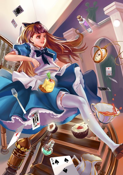 Anime picture 2480x3507 with alice in wonderland alice (wonderland) xiamianliele (artist) single long hair tall image highres open mouth brown hair brown eyes girl thighhighs dress bow hair bow white thighhighs sweets clock cup stairs