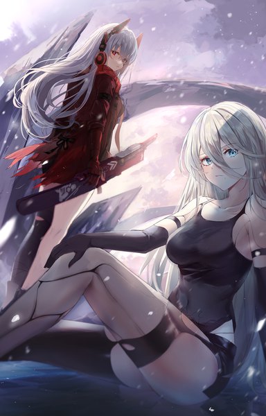 Anime picture 2000x3125 with nier nier:automata punishing: gray raven yorha type a no. 2 alpha (punishing: gray raven) lucia: crimson abyss (punishing: gray raven) hum (ten ten) long hair tall image looking at viewer fringe highres breasts blue eyes light erotic hair between eyes red eyes standing sitting multiple girls