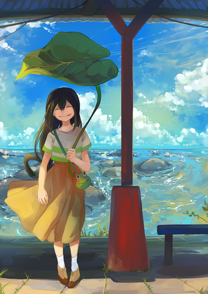 Anime picture 636x900 with boku no hero academia studio bones asui tsuyu hanromi single long hair tall image fringe black hair hair between eyes sky cloud (clouds) eyes closed wind horizon :p ^ ^ casual :> girl