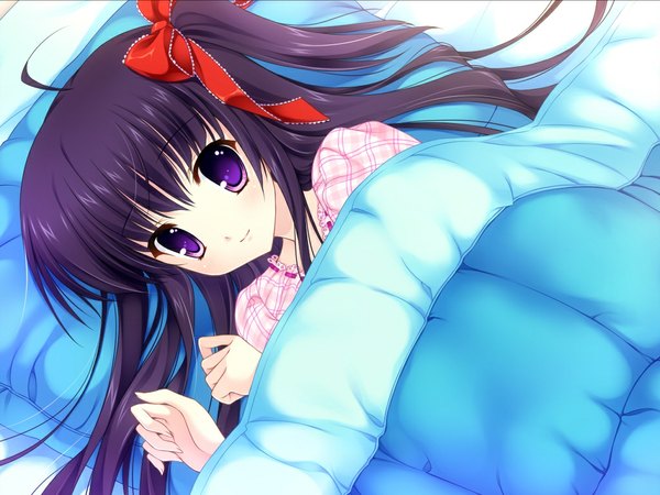 Anime picture 1024x768 with yuyukana yuyuzuki ako mitha long hair black hair purple eyes game cg one side up girl