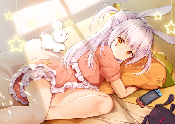 Anime picture 3507x2480 with original nintendo chill single long hair looking at viewer blush fringe highres animal ears payot absurdres bent knee (knees) white hair lying short sleeves orange eyes bunny ears puffy sleeves facial mark