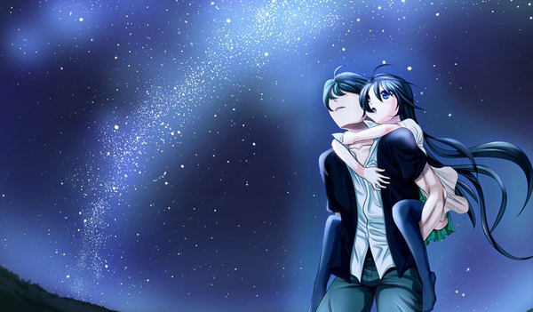 Anime picture 1024x600 with kono sekai no mukou de long hair short hair open mouth blue eyes black hair wide image game cg night couple milky way girl thighhighs boy black thighhighs