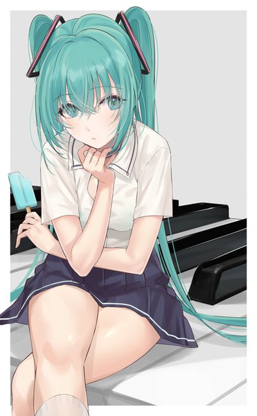 Anime picture 1266x2048 with vocaloid hatsune miku mexif single tall image fringe hair between eyes sitting twintails looking away very long hair aqua eyes aqua hair crossed legs border girl skirt miniskirt food sweets