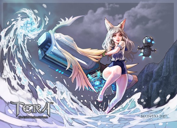 Anime picture 2760x2000 with tera online elin (tera) seon-ho single long hair highres open mouth light erotic standing holding animal ears looking away cloud (clouds) full body ahoge wet copyright name fox ears symbol-shaped pupils standing on one leg