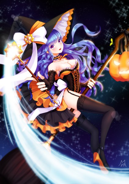 Anime picture 1000x1420 with original ming (applem7) single long hair tall image looking at viewer blush breasts open mouth light erotic purple eyes blue hair cleavage halloween witch girl thighhighs dress bow black thighhighs