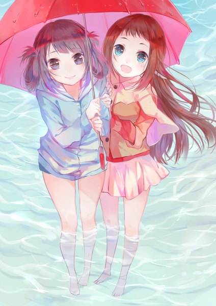 Anime picture 1000x1414 with nagi no asukara p.a. works mukaido manaka shiodome miuna yuxia xianyin long hair tall image looking at viewer blush fringe open mouth black hair brown hair standing purple eyes multiple girls barefoot aqua eyes light smile wind