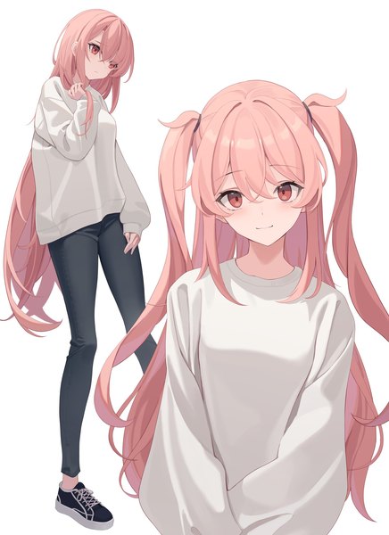 Anime picture 1529x2106 with original mizu (lzzrwi603) long hair tall image fringe simple background hair between eyes red eyes white background pink hair long sleeves light smile two side up sleeves past wrists multiview girl shoes sneakers tight pants