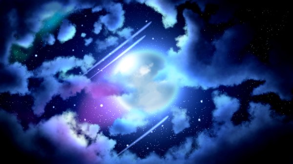 Anime picture 1920x1080 with original dakota rochon highres wide image cloud (clouds) night wallpaper night sky no people glow shooting star moon star (stars) full moon