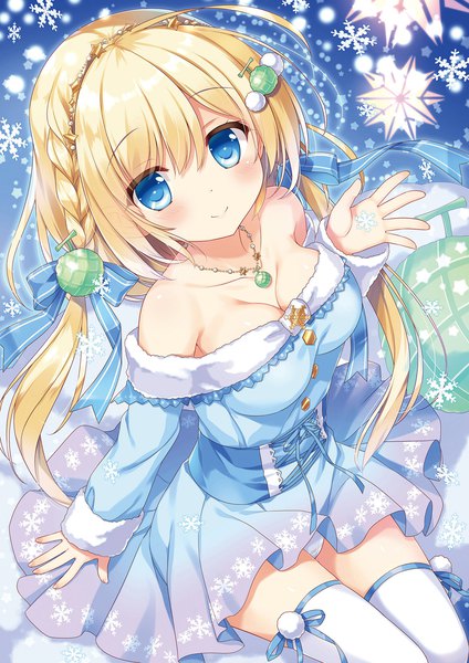 Anime picture 1357x1920 with original melonbooks ameto yuki single long hair tall image blush fringe breasts blue eyes light erotic blonde hair smile hair between eyes sitting twintails bare shoulders signed cleavage ahoge